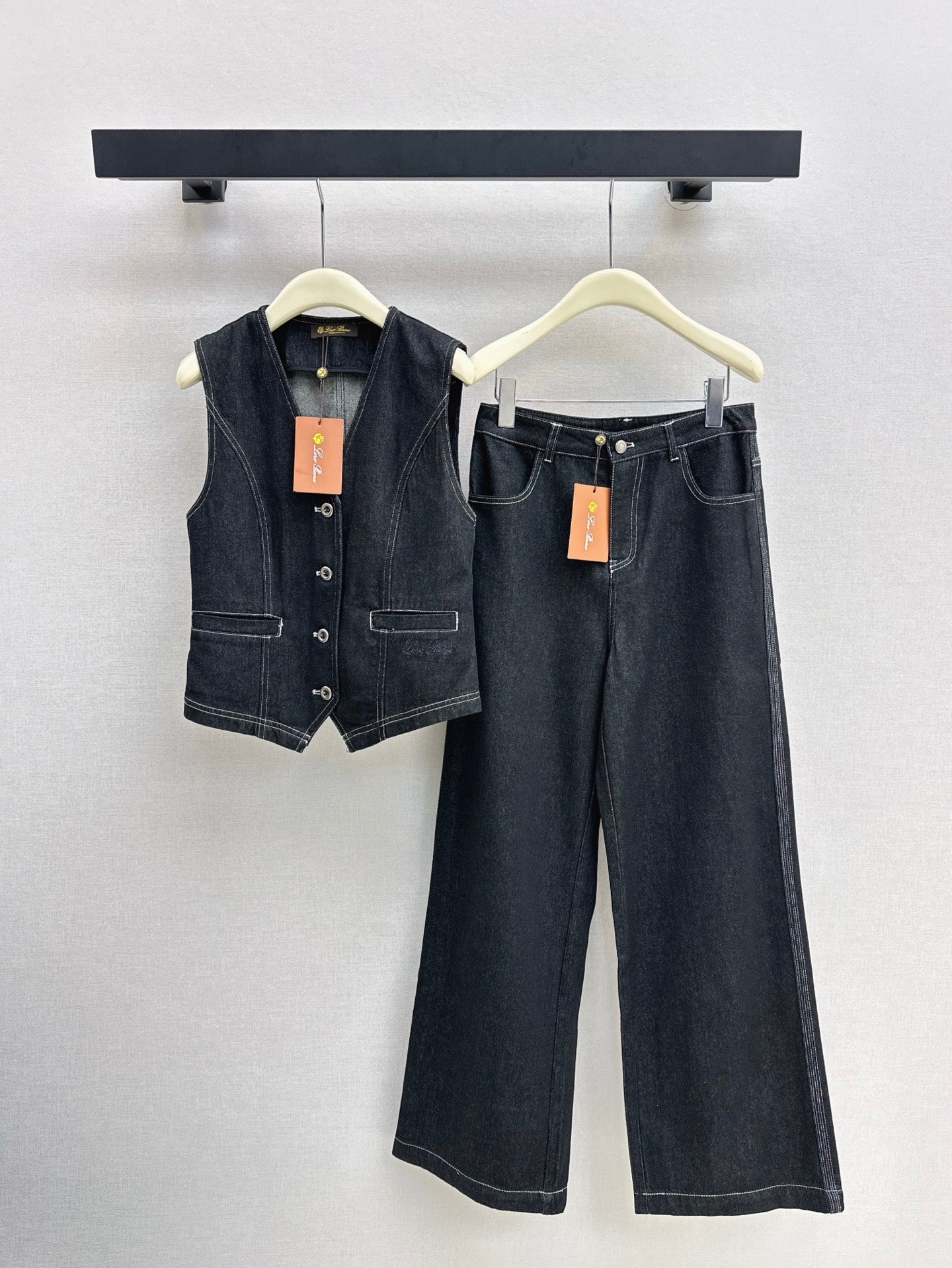 Two-Piece Contrast Stitch Denim Set – Vest & Pants