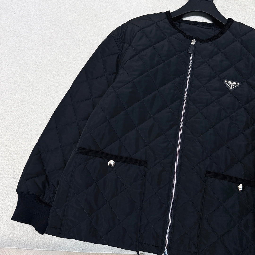 Autumn/Winter Quilted Nylon Round-Neck Jacket