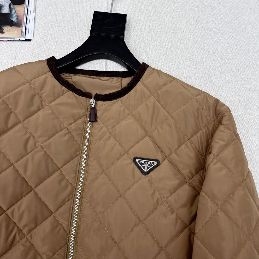Autumn/Winter Quilted Nylon Round-Neck Jacket