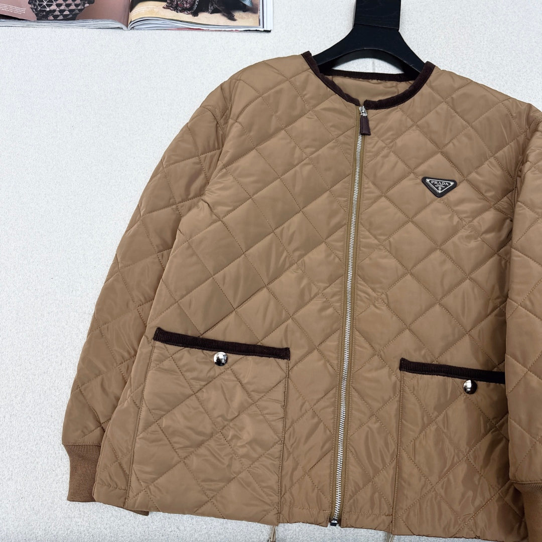 Autumn/Winter Quilted Nylon Round-Neck Jacket