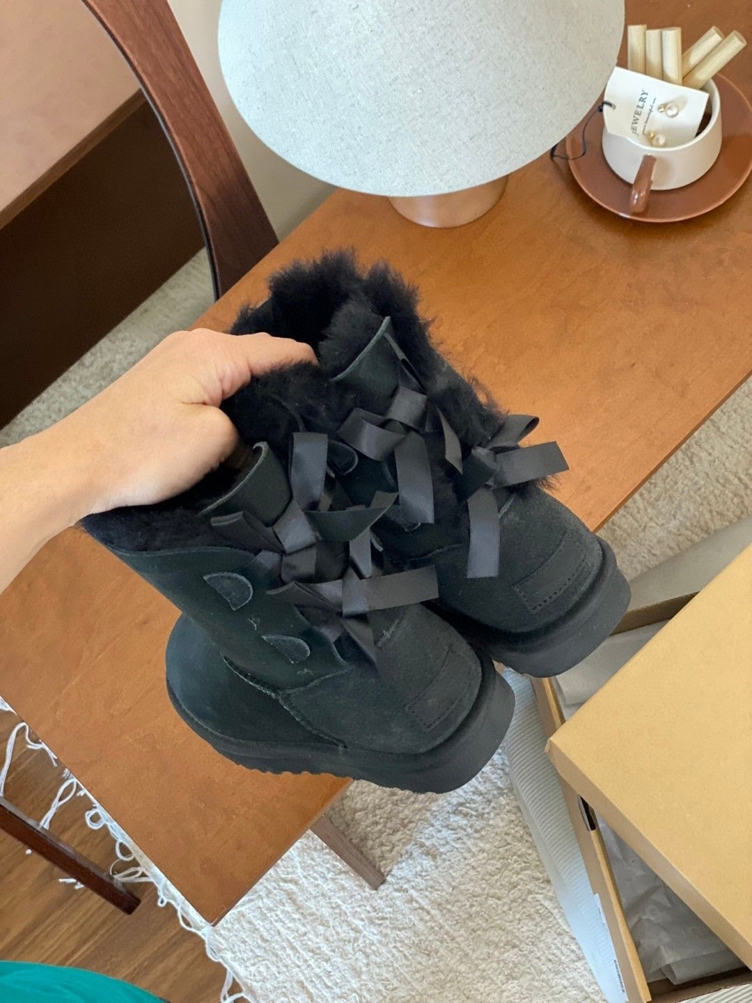 Mid-Calf Shearling Winter Boots with Double Ribbon Bows