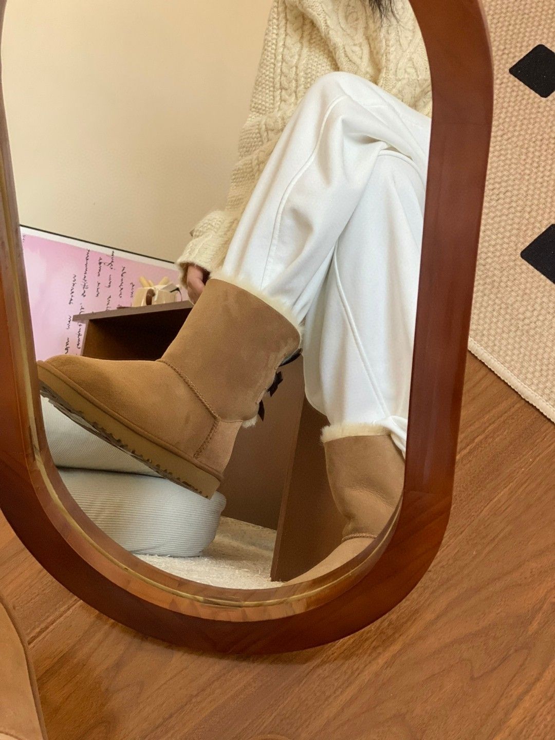 Mid-Calf Shearling Winter Boots with Double Ribbon Bows