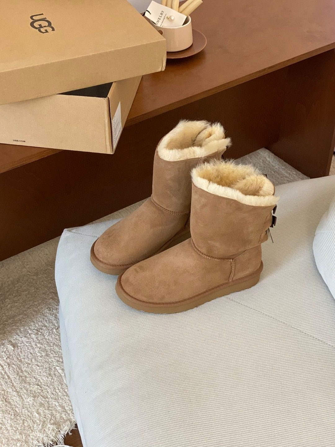 Mid-Calf Shearling Winter Boots with Double Ribbon Bows