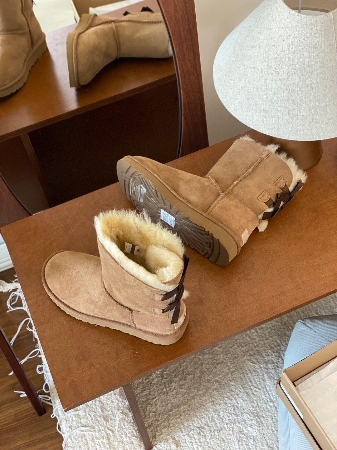 Mid-Calf Shearling Winter Boots with Double Ribbon Bows