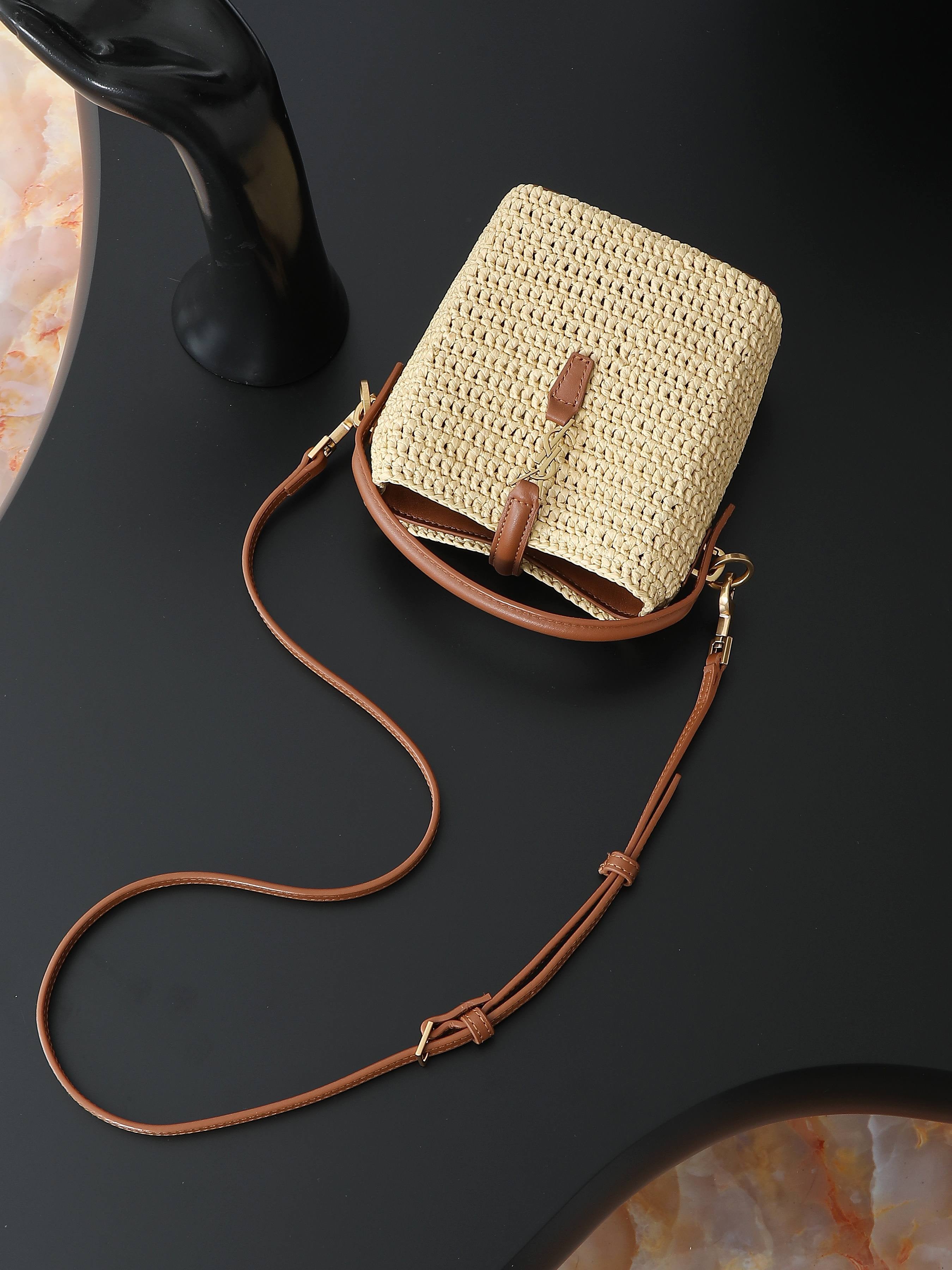 Raffia Woven Bucket Bag | Beige | Calfskin Trim (Premium quality)