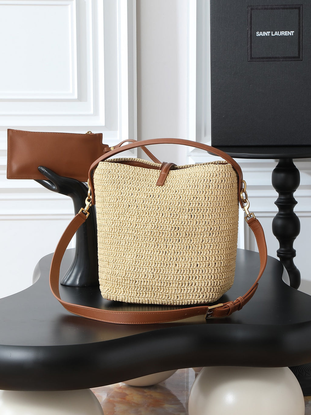 Raffia Woven Bucket Bag | Beige | Calfskin Trim (Premium quality)