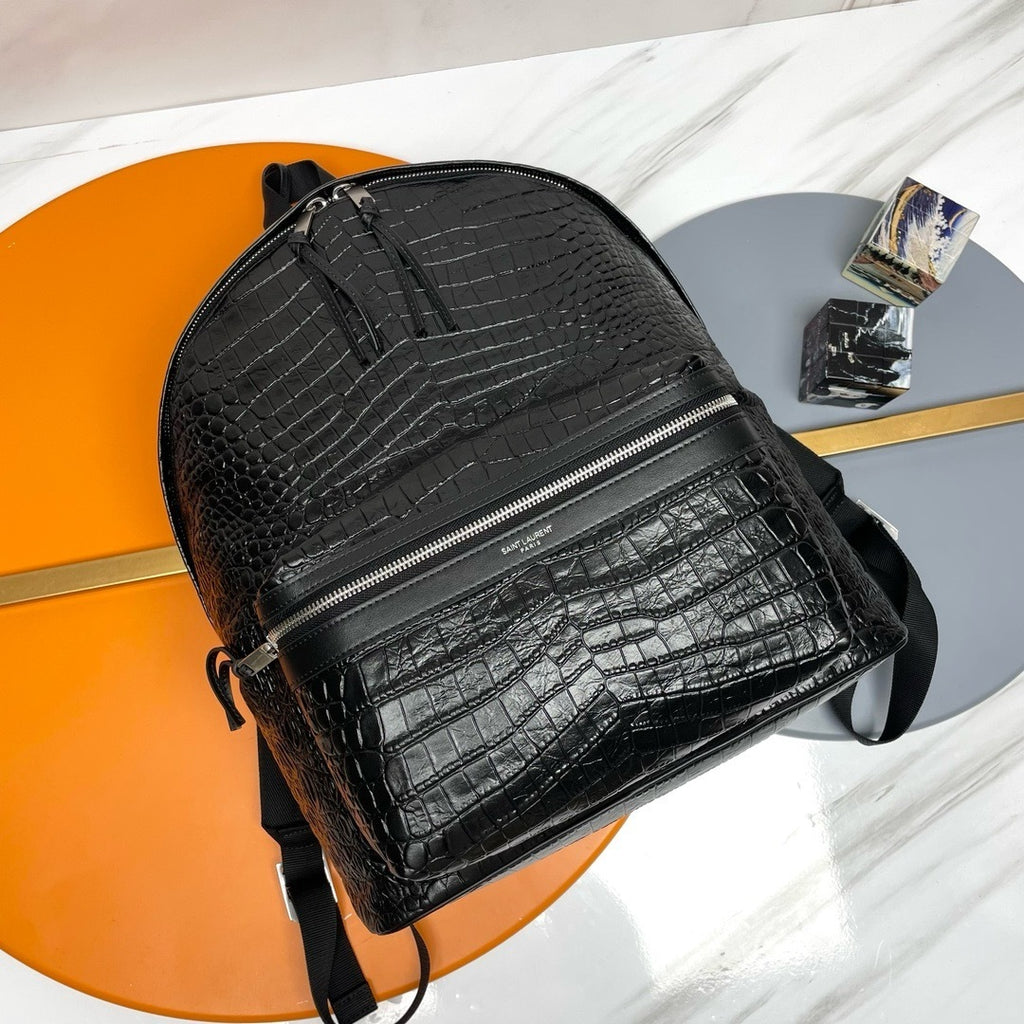 Crocodile-Embossed Leather Backpack