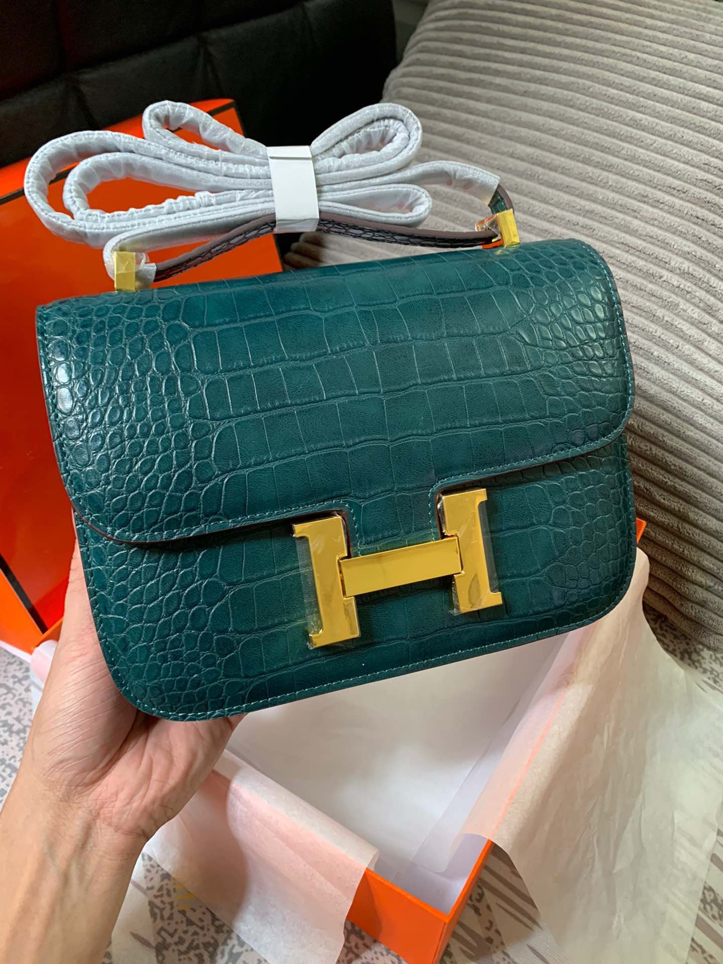 Crocodile-Patterned H*r*m Bag from the Constance Collection