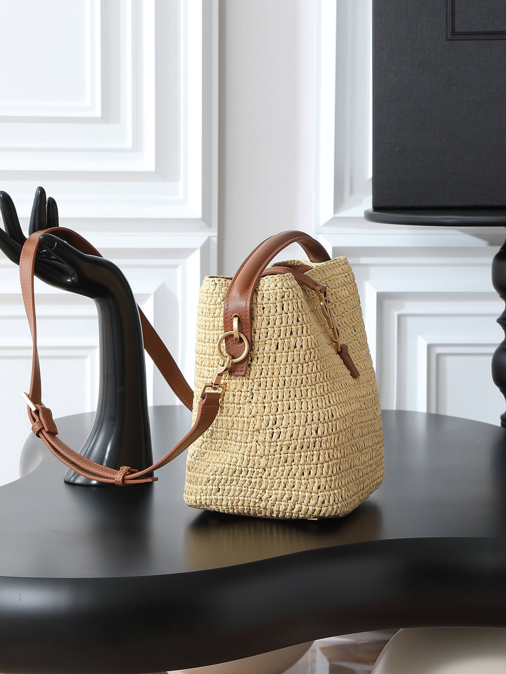 Raffia Woven Bucket Bag | Beige | Calfskin Trim (Premium quality)