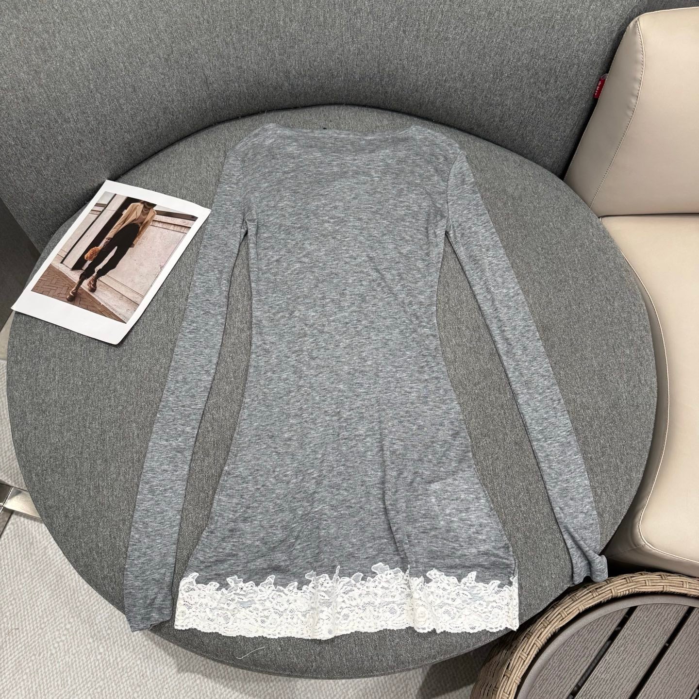 Sheer Lace-Trim Soft Grey Longline Top – Summer Edition