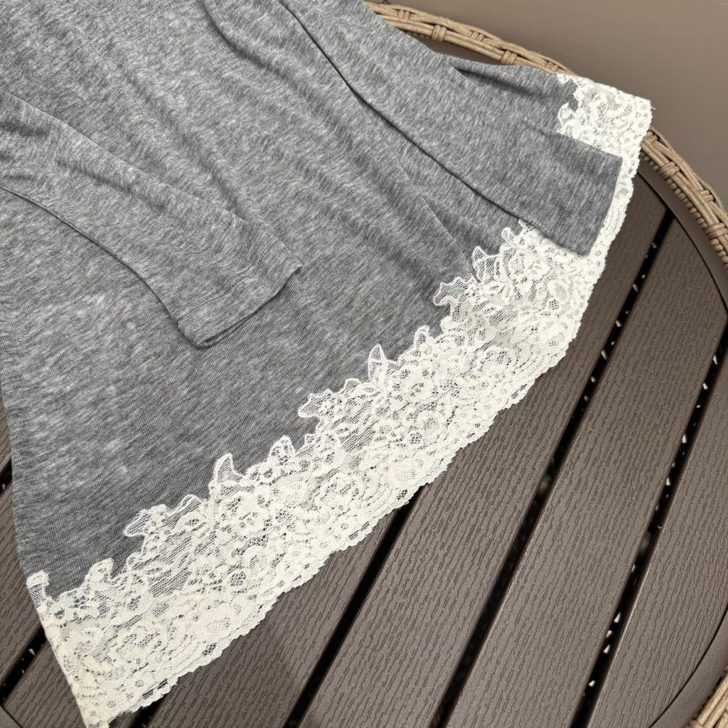Sheer Lace-Trim Soft Grey Longline Top – Summer Edition