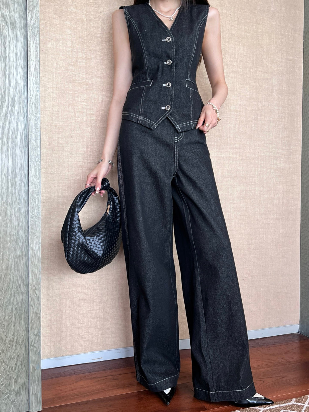 Two-Piece Contrast Stitch Denim Set – Vest & Pants