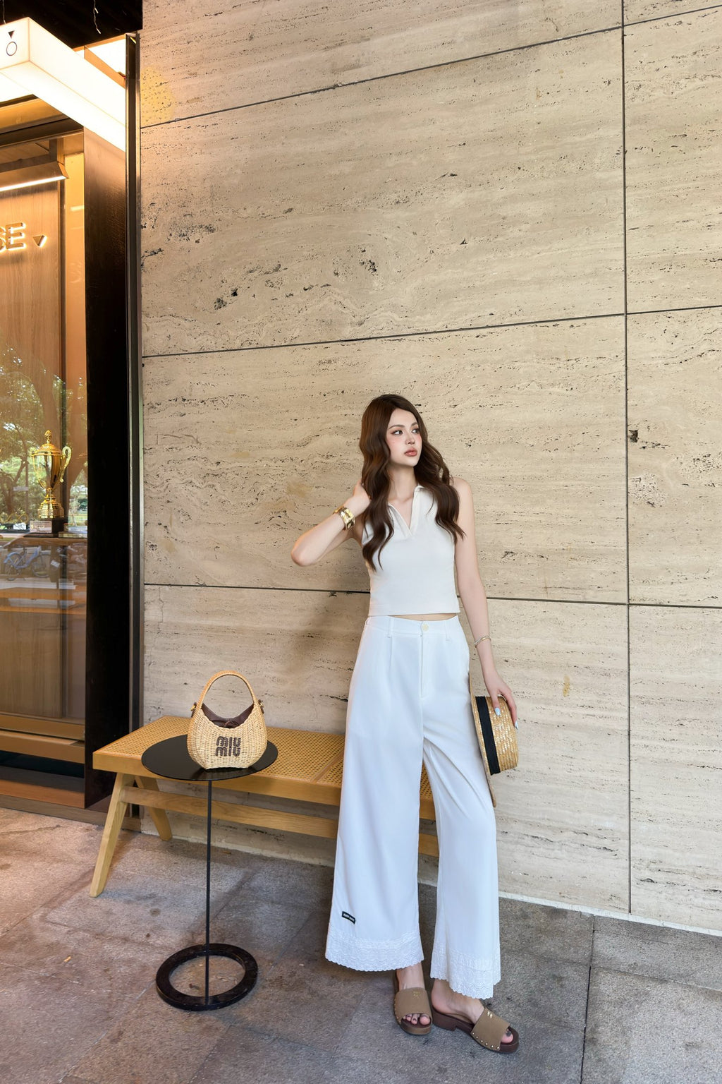 Lace-Embroidered Cropped Trousers