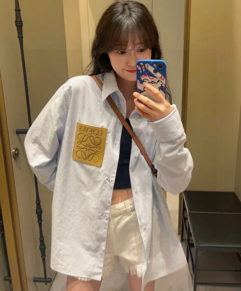 Unisex Striped Shirt with Leather Patch Logo