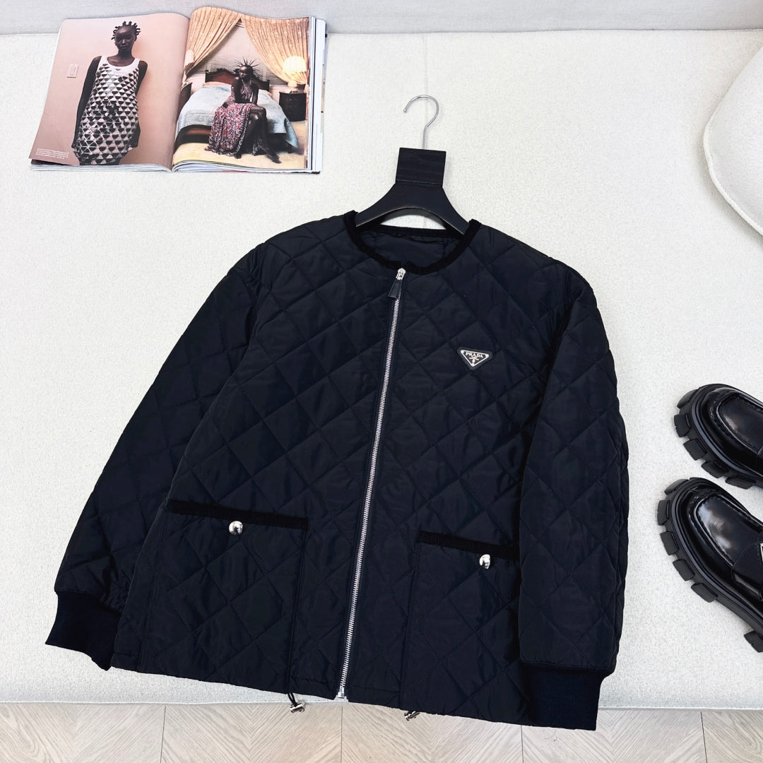 Autumn/Winter Quilted Nylon Round-Neck Jacket