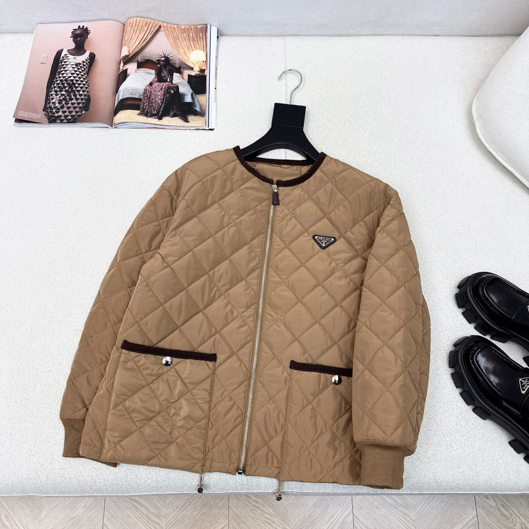 Autumn/Winter Quilted Nylon Round-Neck Jacket