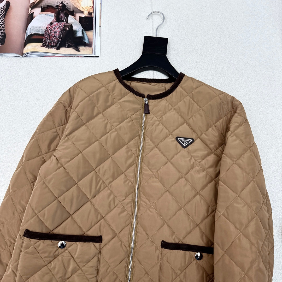 Autumn/Winter Quilted Nylon Round-Neck Jacket
