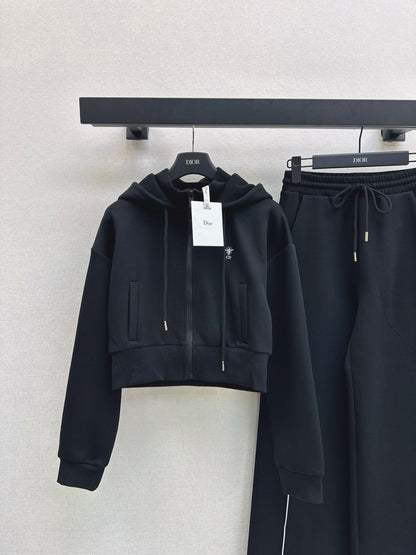 D Cropped Hooded Jacket &amp; Elastic Waist Casual Pants Set