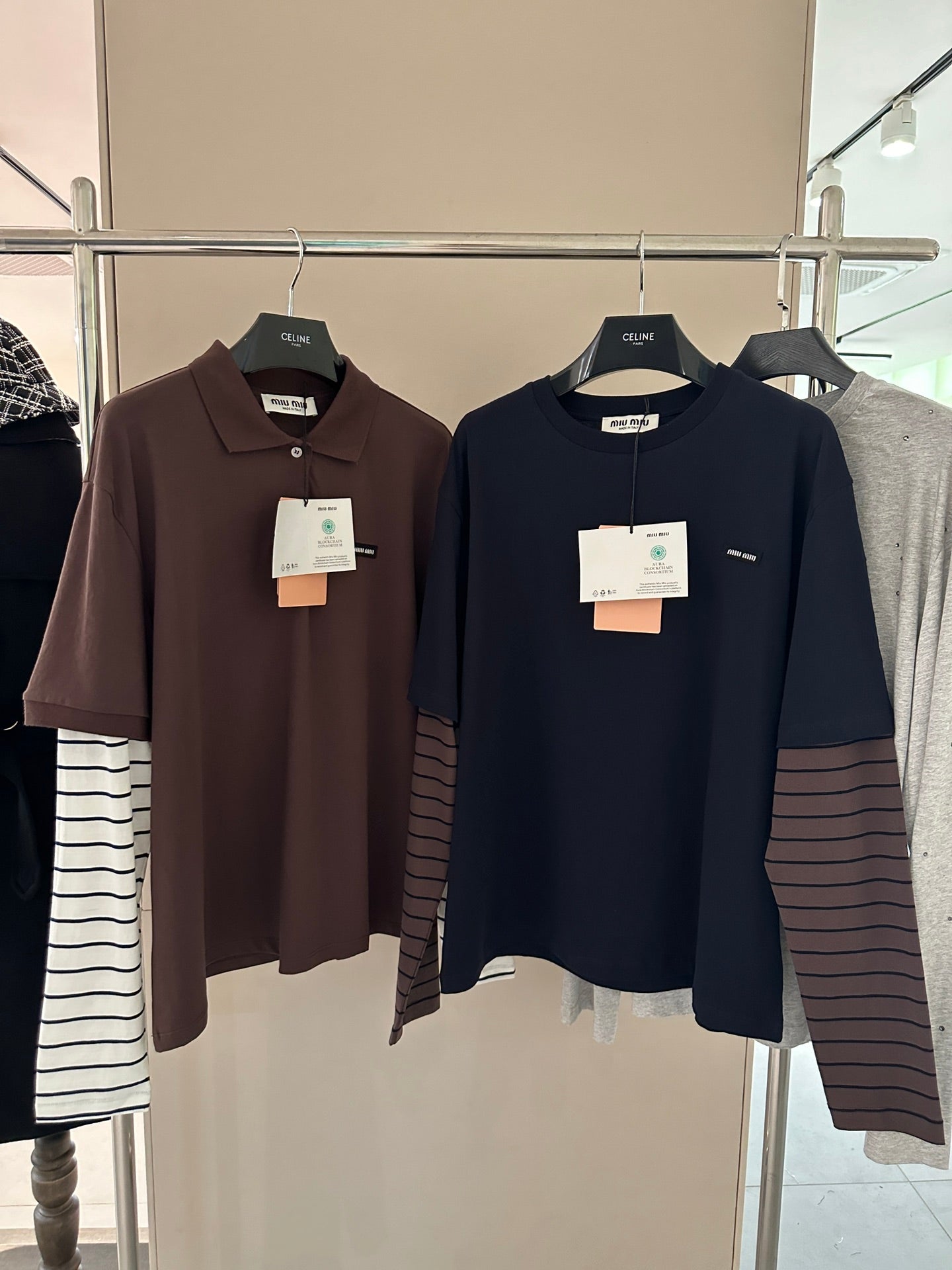 Striped-Sleeve Polo Long-Sleeve Top