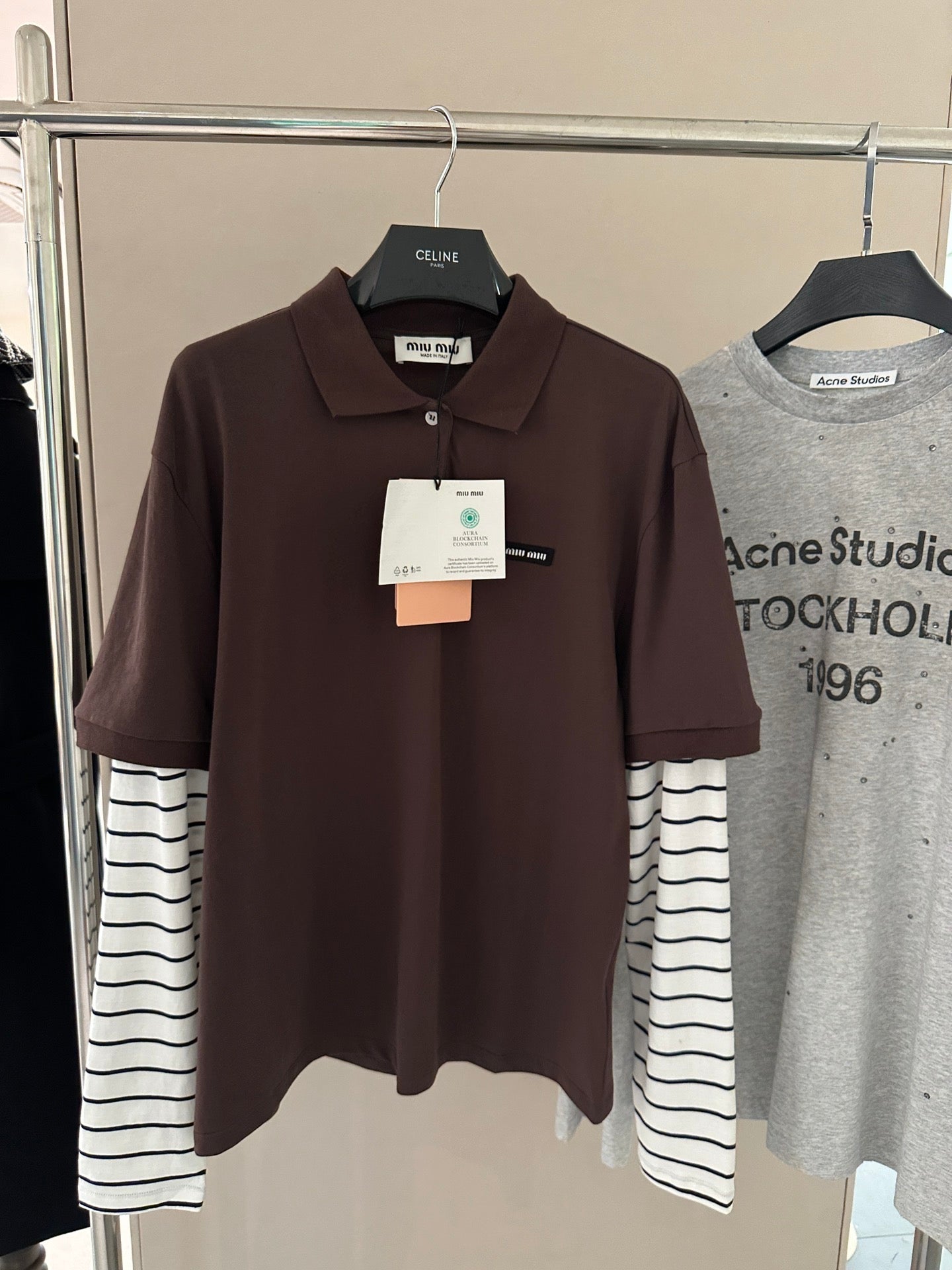 Striped-Sleeve Polo Long-Sleeve Top