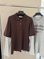 Striped-Sleeve Polo Long-Sleeve Top