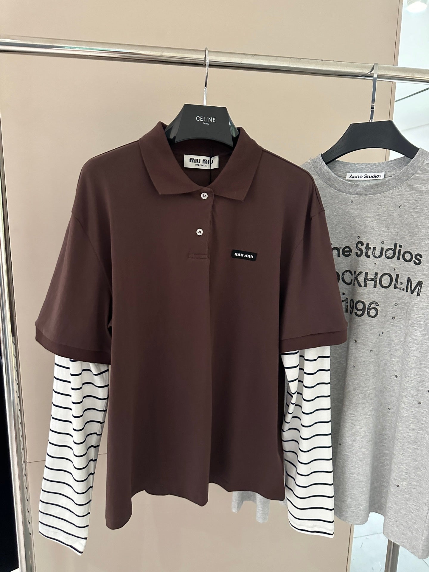 Striped-Sleeve Polo Long-Sleeve Top