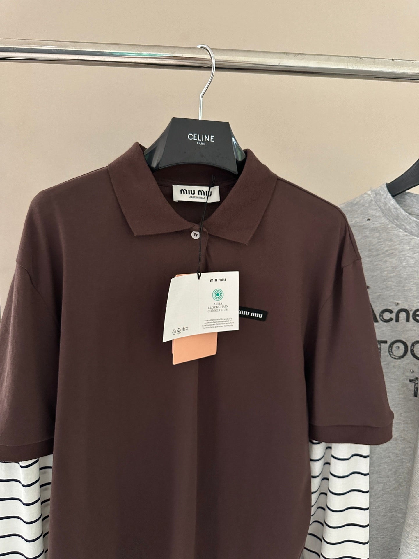 Striped-Sleeve Polo Long-Sleeve Top