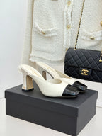 Square-Toe Double-Emblem High-Heel Mules