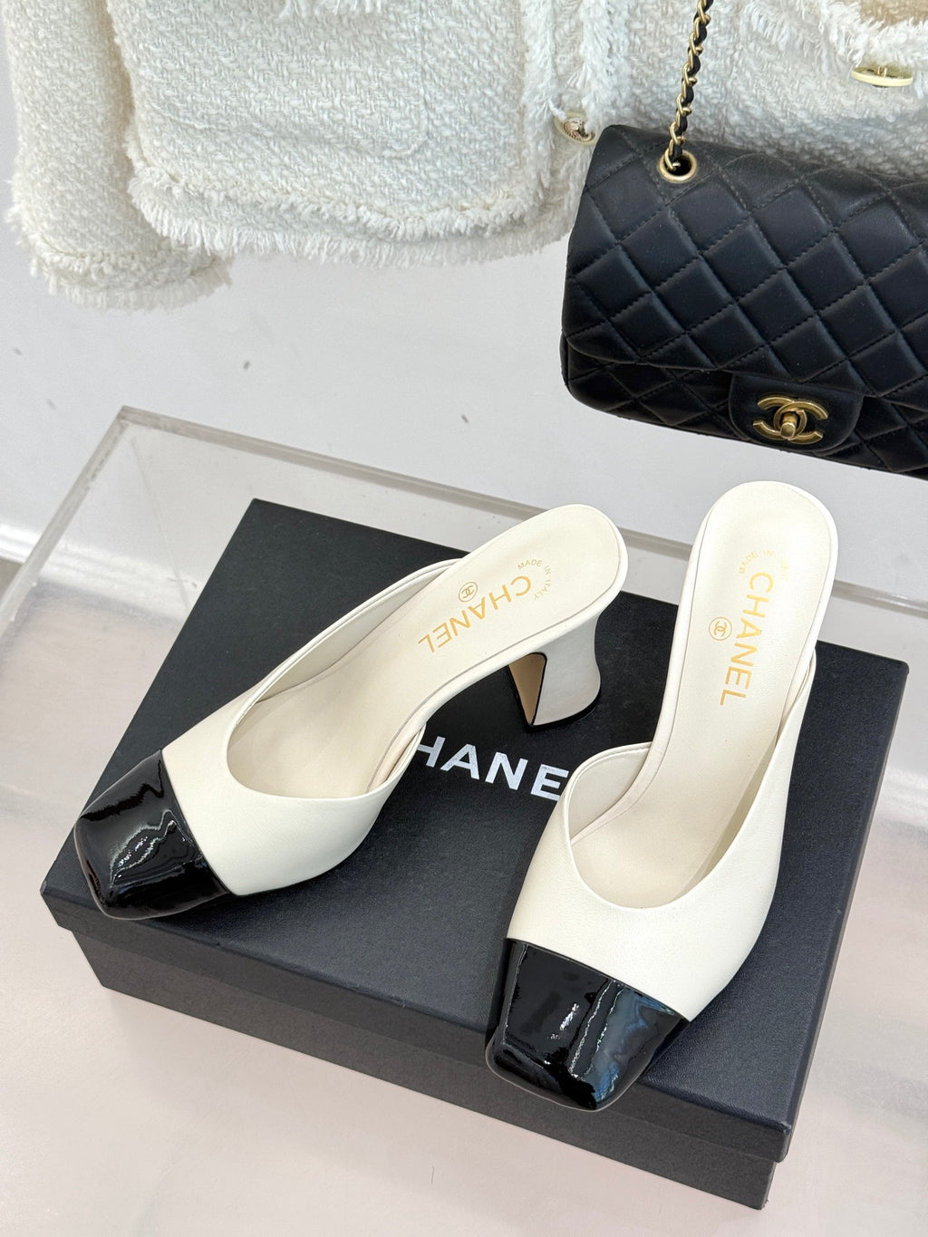Square-Toe Double-Emblem High-Heel Mules