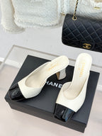 Square-Toe Double-Emblem High-Heel Mules