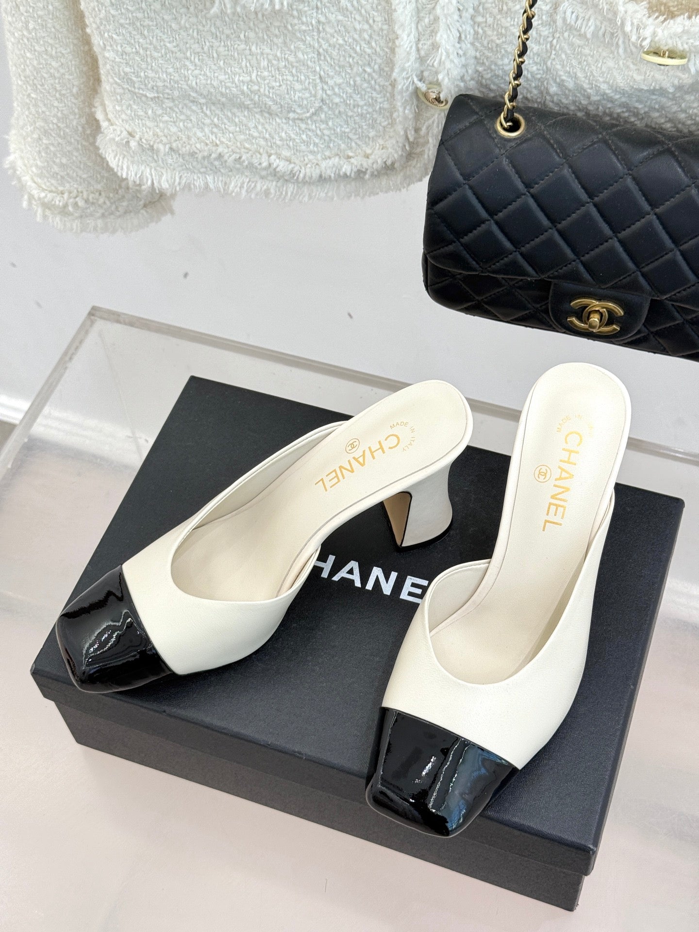 Square-Toe Double-Emblem High-Heel Mules