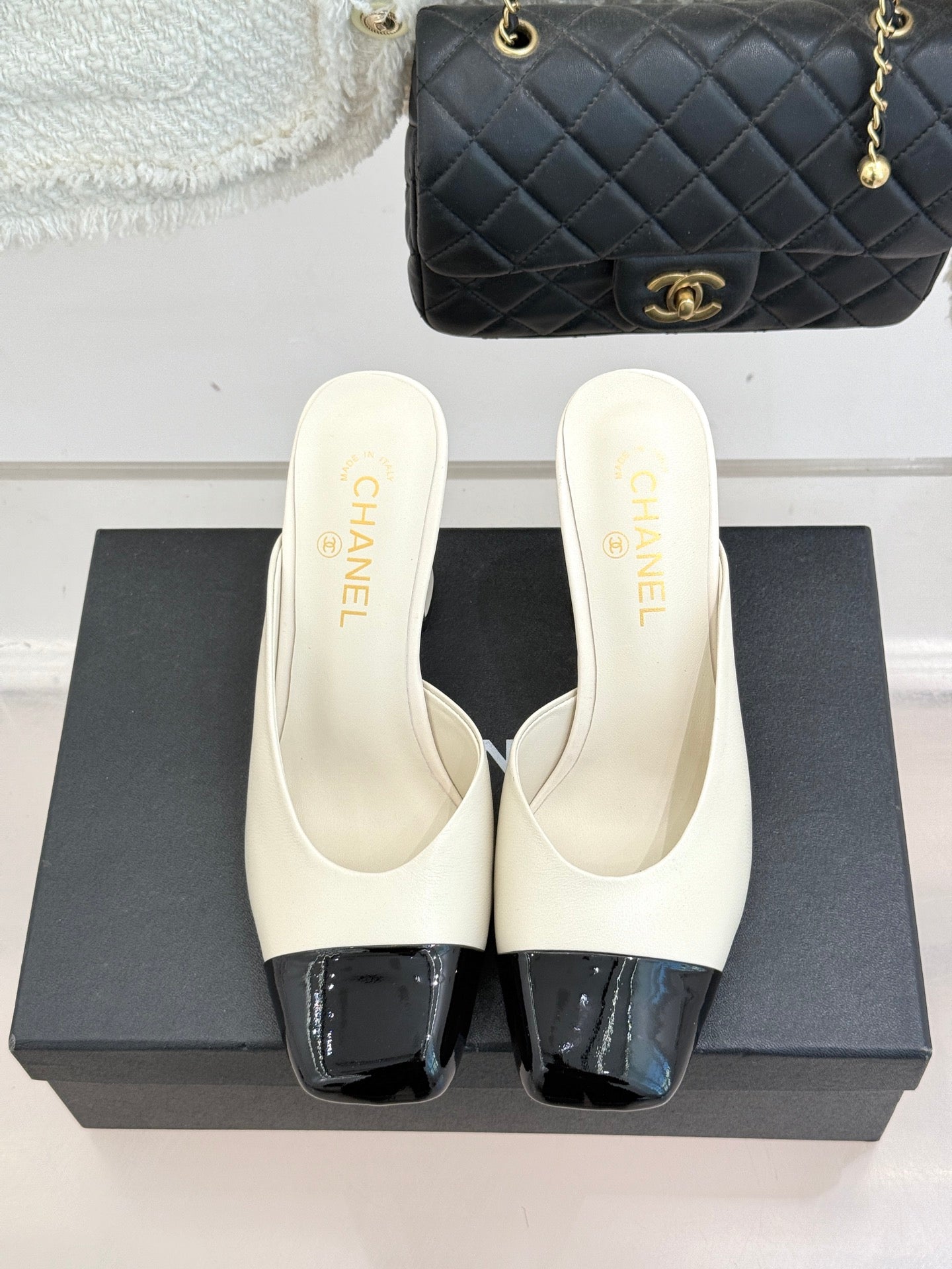 Square-Toe Double-Emblem High-Heel Mules