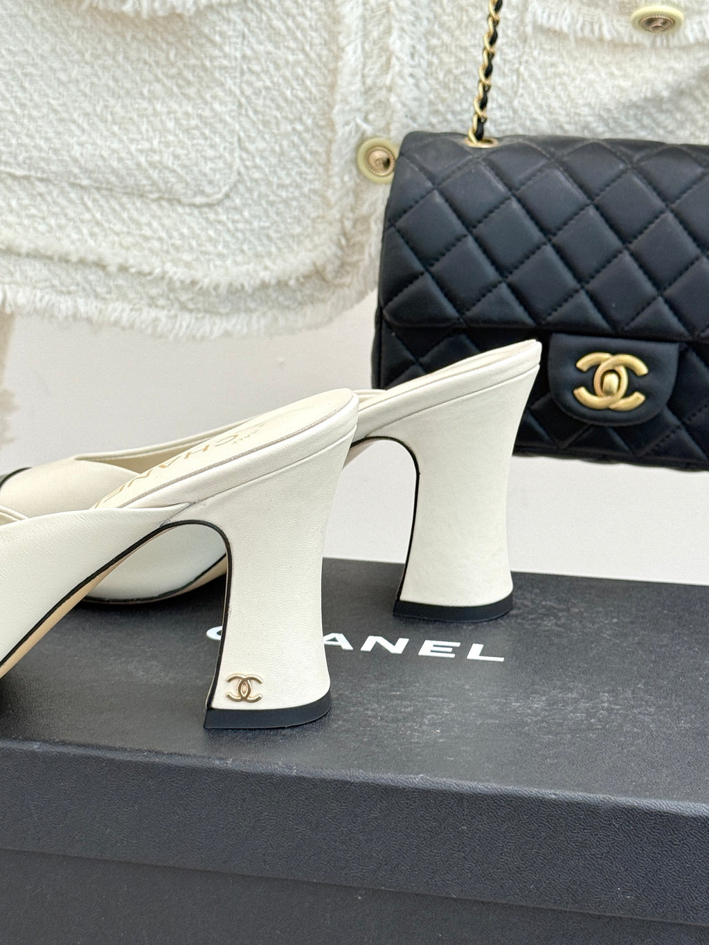Square-Toe Double-Emblem High-Heel Mules