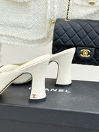 Square-Toe Double-Emblem High-Heel Mules