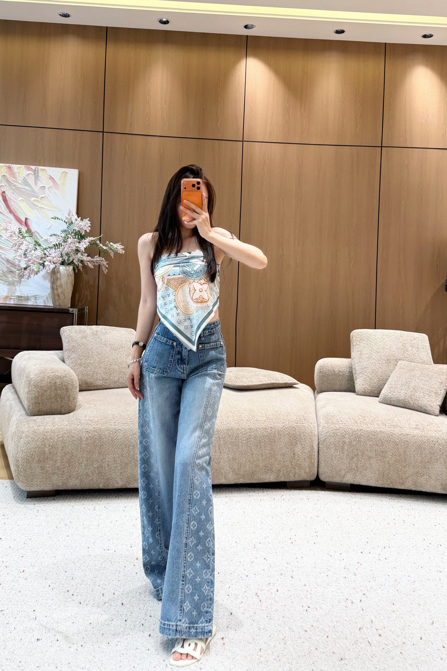 Monogram Double-Pocket Straight-Leg Jeans Women