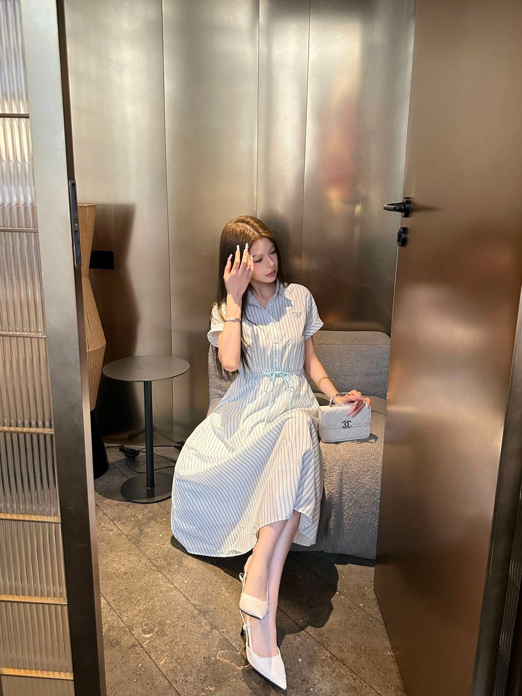 Striped Drawstring Shirt Dress 👗✨ (High Quality)