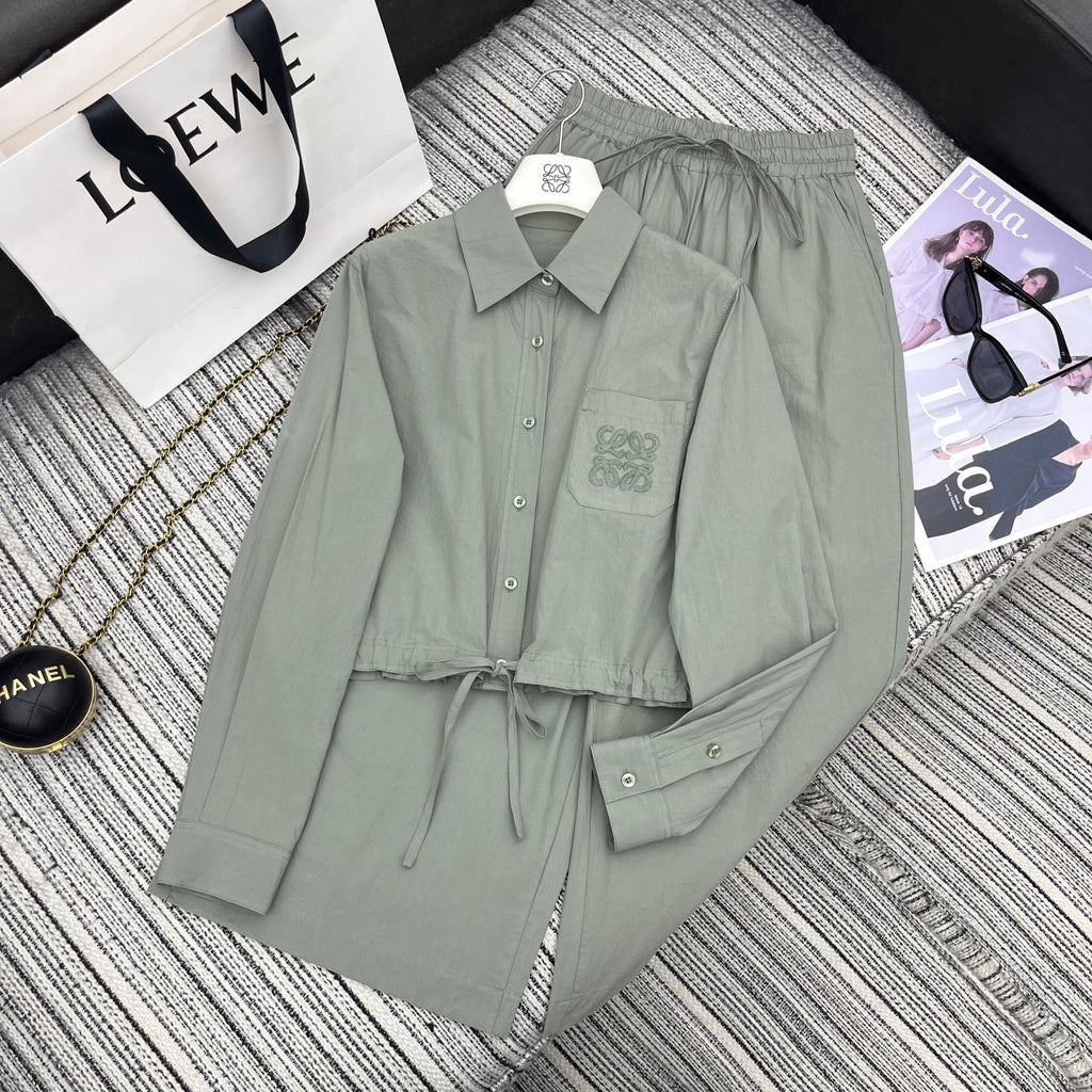 Embroidered Collar Shirt & Wide-Leg Pants Set