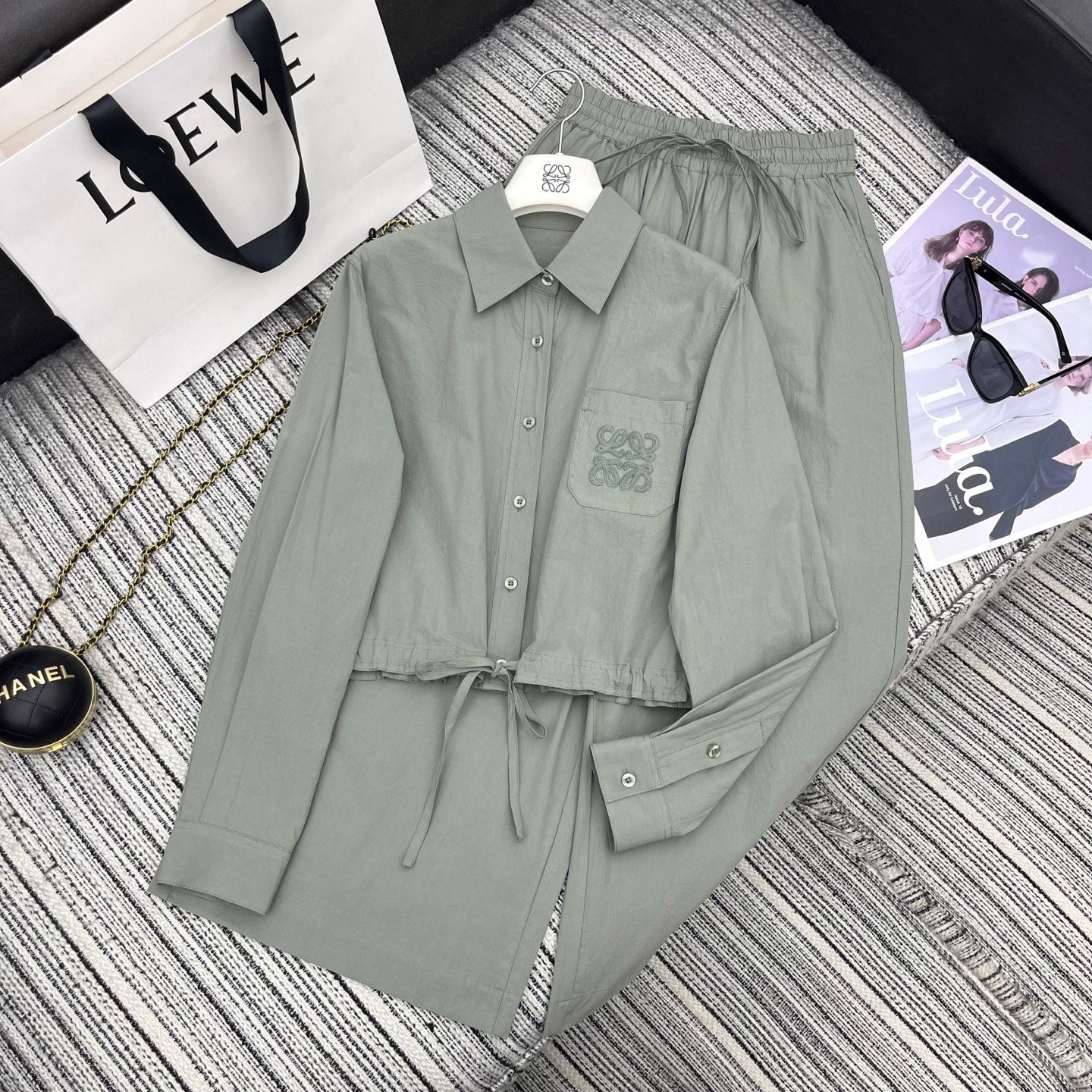 Embroidered Collar Shirt & Wide-Leg Pants Set