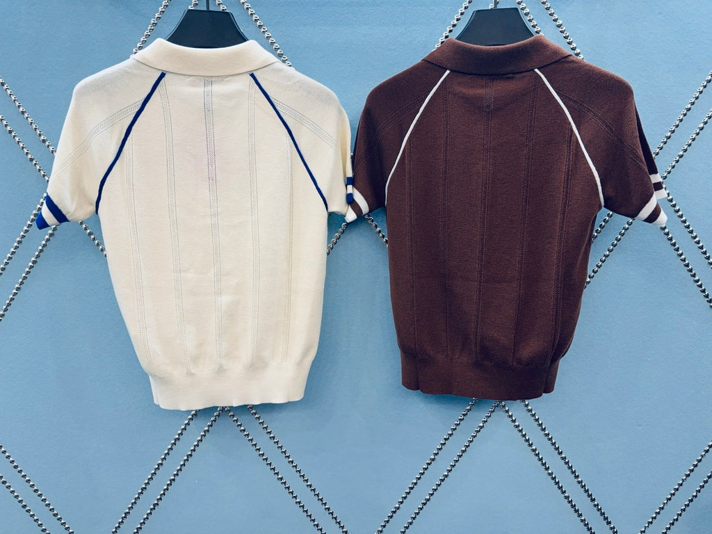 Contrast Stripe Ice Silk Polo Knit Top