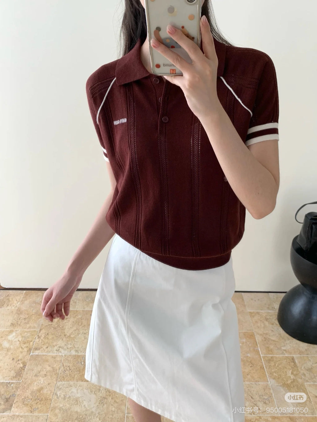 Contrast Stripe Ice Silk Polo Knit Top