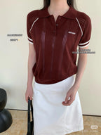 Contrast Stripe Ice Silk Polo Knit Top