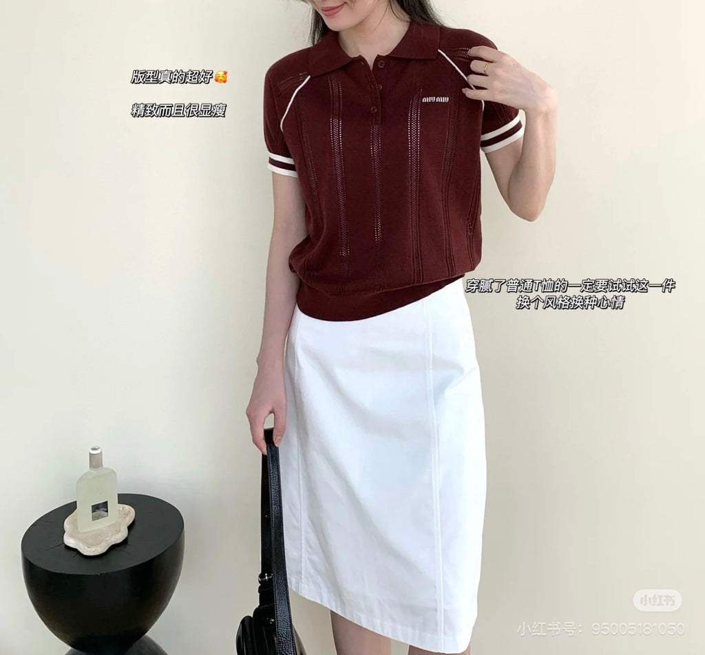 Contrast Stripe Ice Silk Polo Knit Top
