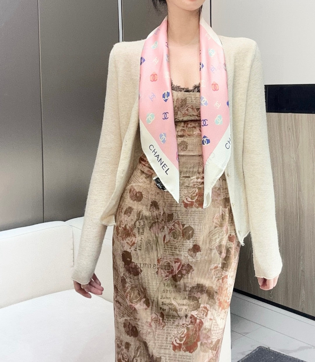Bow Print Silk Square Scarf