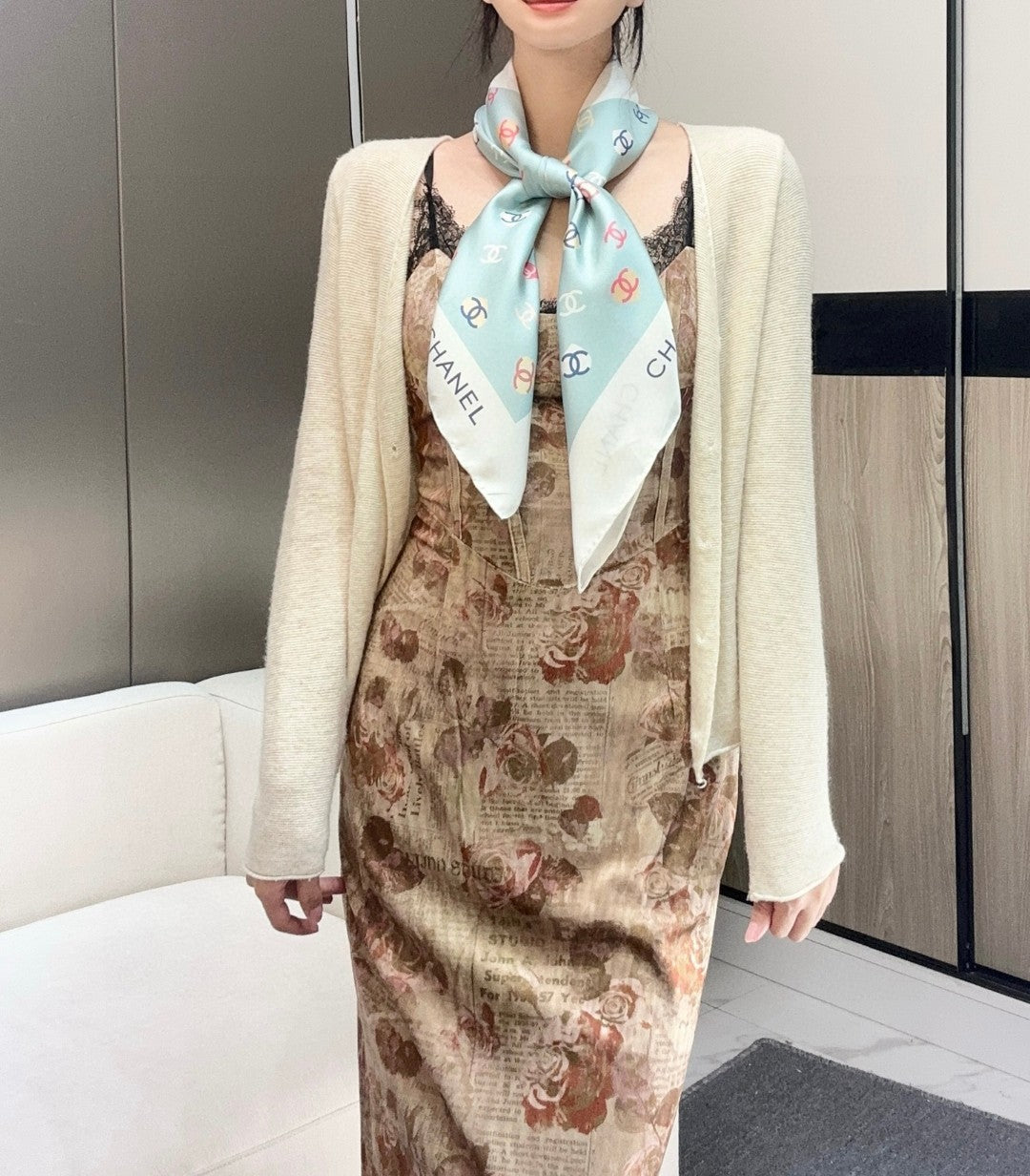Bow Print Silk Square Scarf