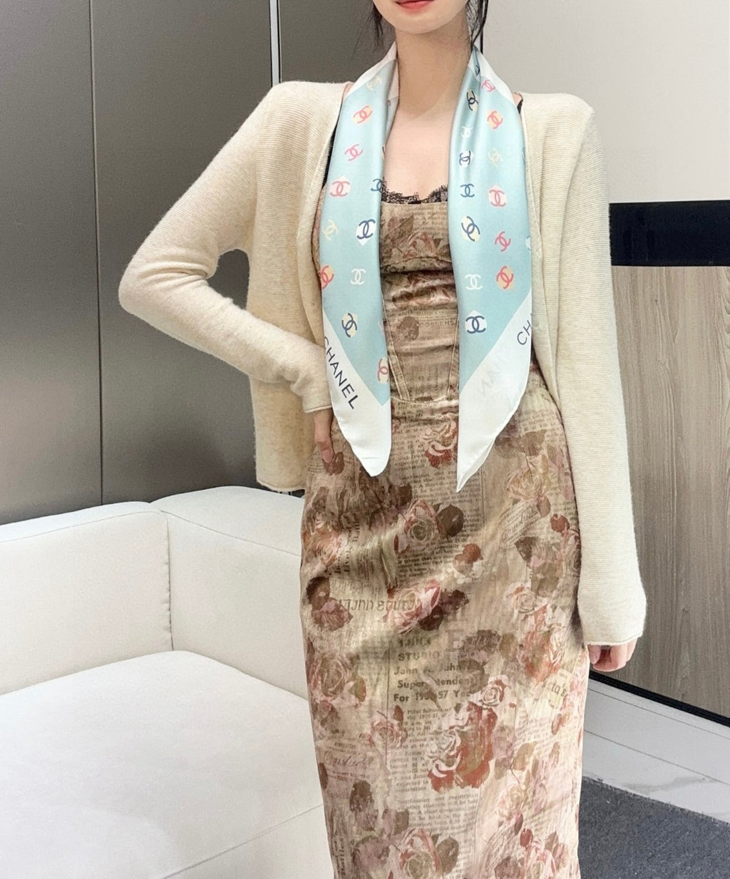 Bow Print Silk Square Scarf