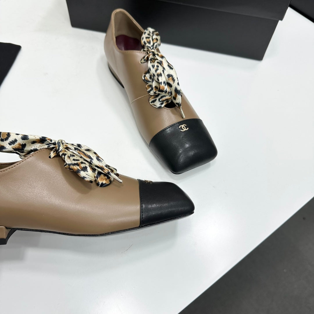 Two-Tone Leopard Ribbon Lace-Up Flat