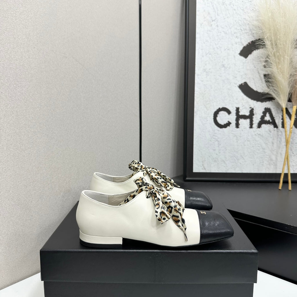 Two-Tone Leopard Ribbon Lace-Up Flat