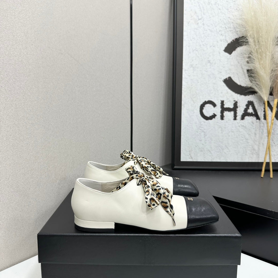 Two-Tone Leopard Ribbon Lace-Up Flat