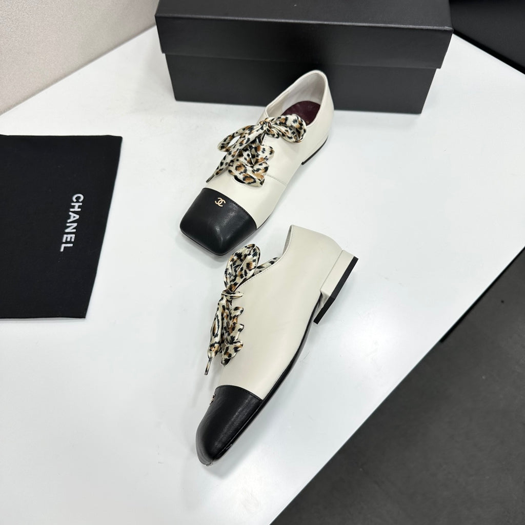 Two-Tone Leopard Ribbon Lace-Up Flat