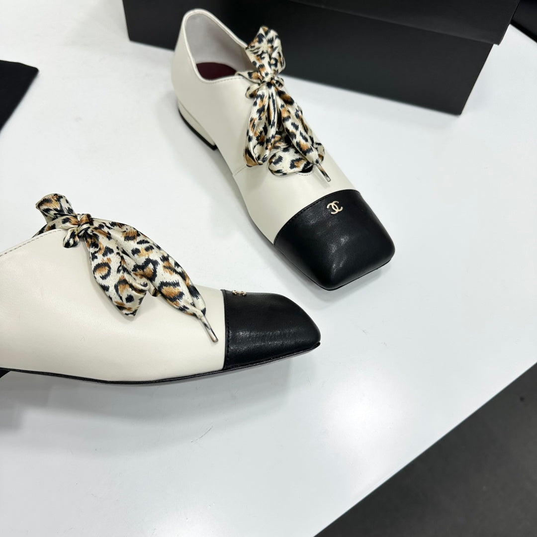 Two-Tone Leopard Ribbon Lace-Up Flat